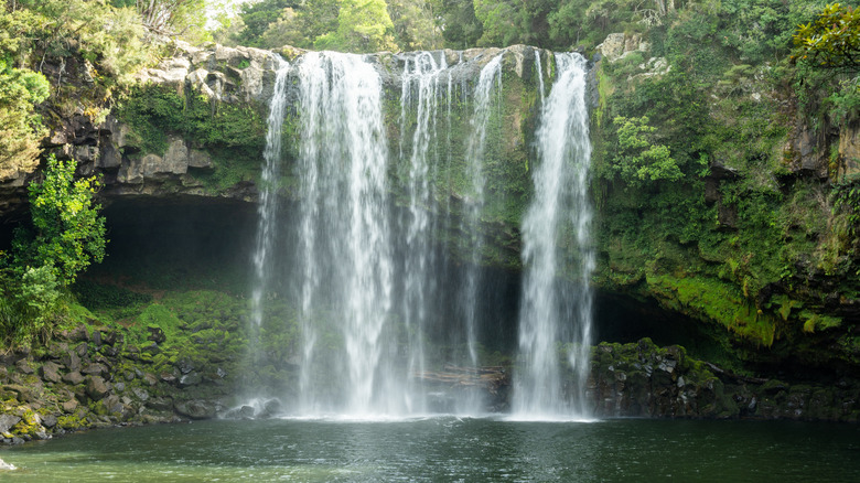 Rainbow Falls flowing over rock formation into water