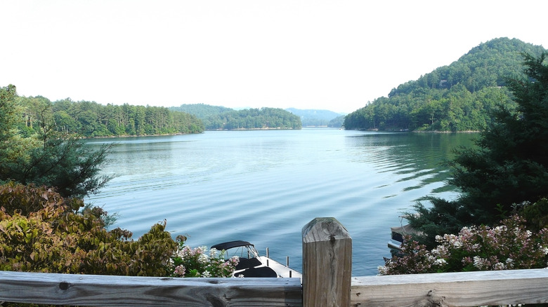 Lake Glenville North Carolina with boat and forests