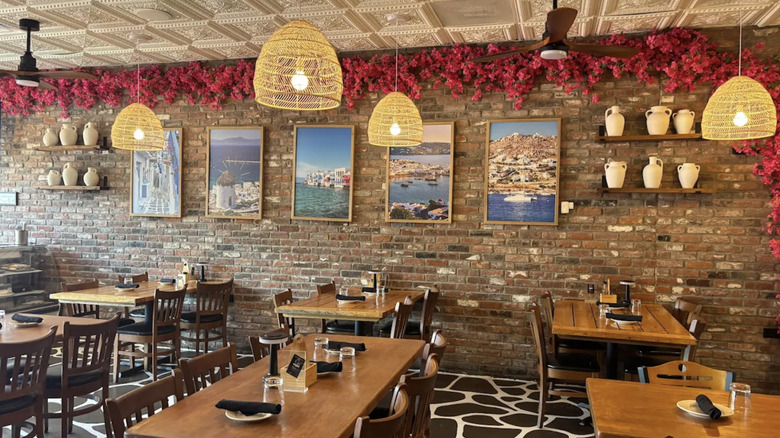 Rattan lights and Mediterranean decor in Kalamaki Greek Eatery, Anna, Texas.