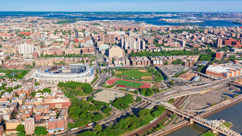 A drone view of the Bronx, a borough in NYC with the Woodlawn neighborhood 