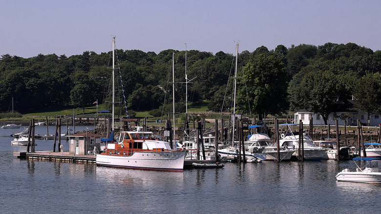 Boats on the water in a marina in Cos Cob, Connecticut with trees in the background.