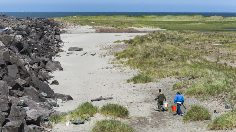 Two men walk along the Columbia River South Jetty.