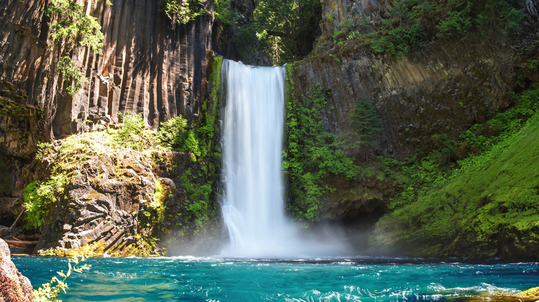Looking up from the water at Toketee Falls