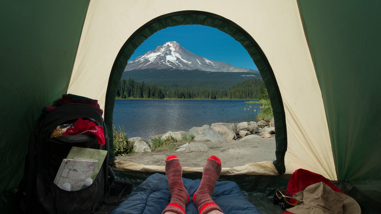 view of Mount Hood and Trillium Lake from inside a tent