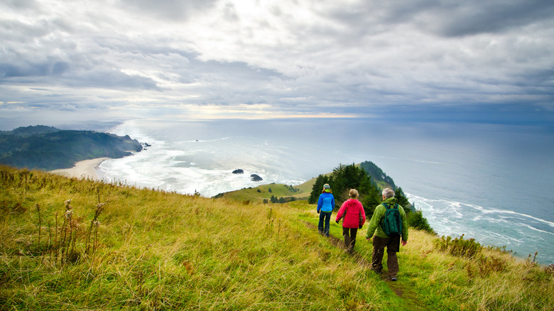 Three hikers walking on a grassy trail along the Oregon coast