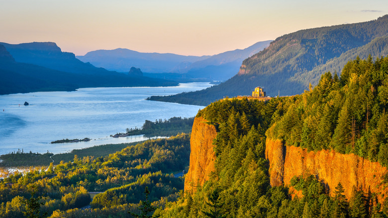 Sunset at Columbia River Gorge National Scenic Area with a view of the Columbia River and the Vista House