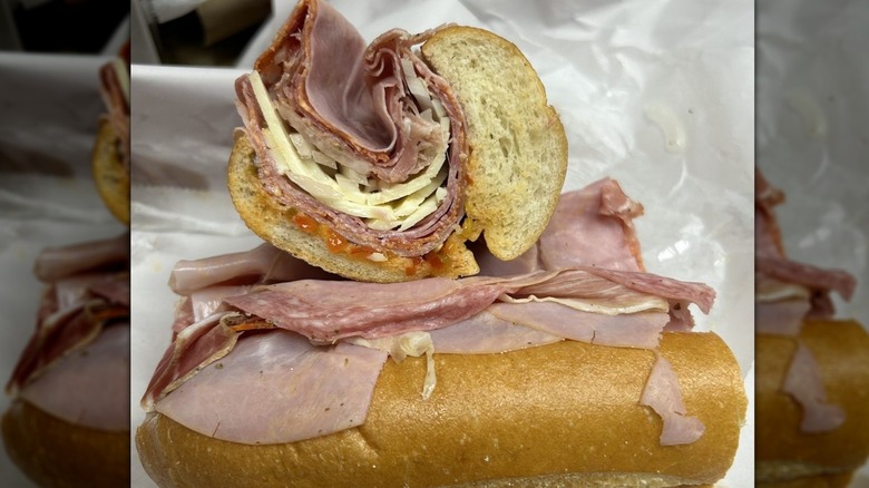 Ahoagie stuffed with Italian cold cut meats and hot pepper spread from Big Joe's Sandwich near Hog Island, Pennsylvania