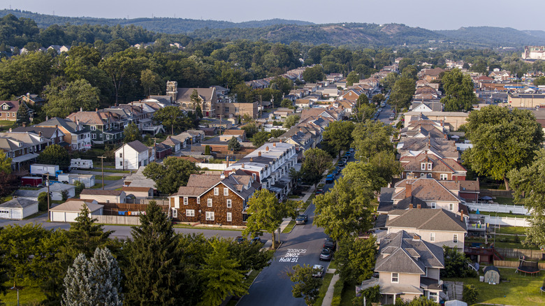 An aerial view of Palmerton, Pennsylvania, with the Pocono Mountains in the background