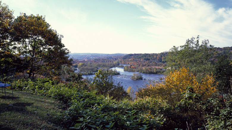 An aerial view of the Lehigh River and Poconos Mountains