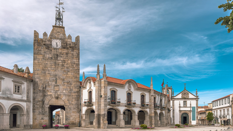 Medeival stone clocktower in Caminha town square