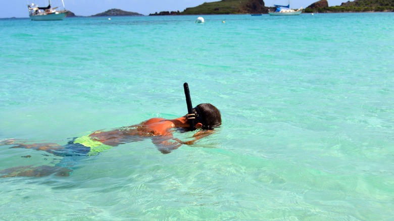Snorkeler explores the crystal clear water in Culebrita Island