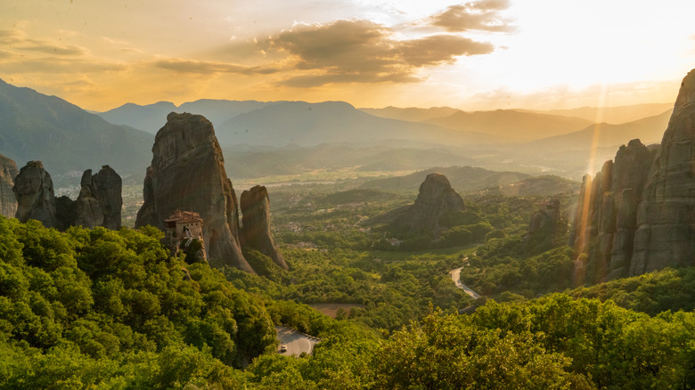 Sunset over the rock formations in Meteora, Greece