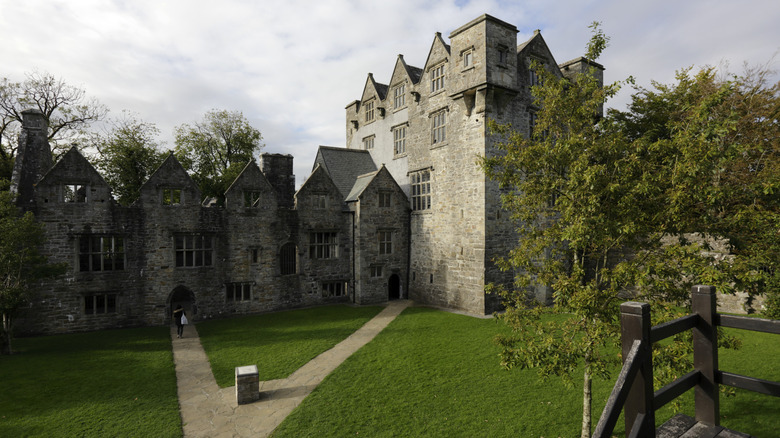 Historic stone castle buildings and tree