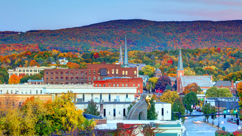Aerial view of North Adams, Massachusetts, with colorful fall foliage