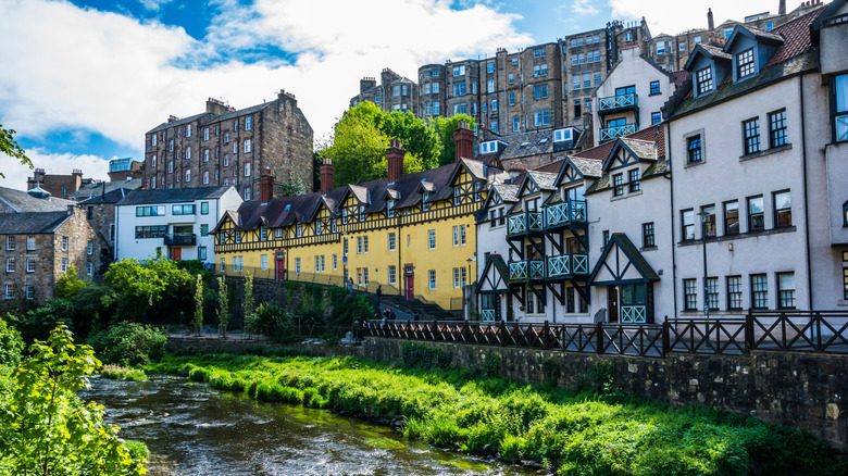 Buildings and greenery in Dean Village, next to a river in Edinburgh, Scotland