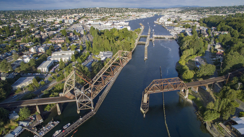 The area of Ballard along a river in Seattle, Washington
