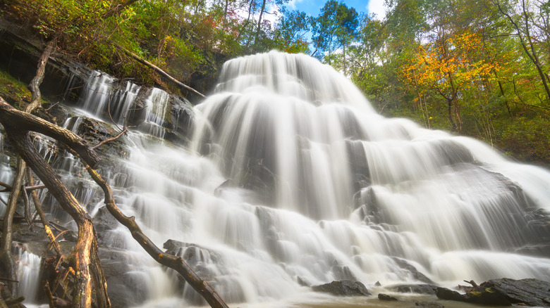 The rapidly cascading Yellow Branch Falls waterfall in Walhalla in the autumn season.