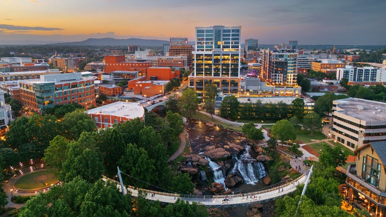 The city of Greenville, South Carolina, with a waterfall in the center