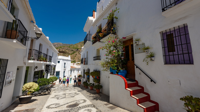 A picturesque lane through the white buildings in Frigiliana, Spain