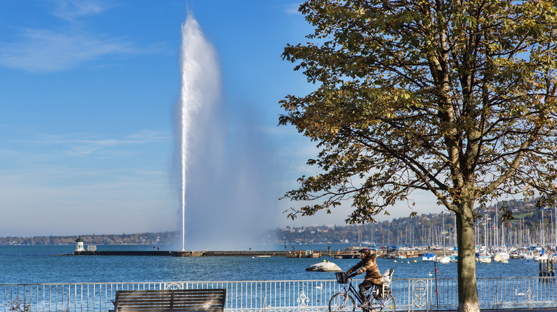 A view of the Jet d'Eau water fountain in Geneva, Switzerland