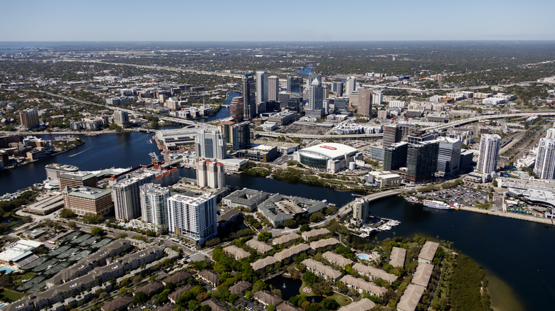 An aerial view of Tampa with buildings, bridges, and waterways