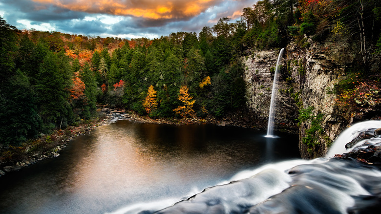 Two waterfalls with fall foliage and sunset