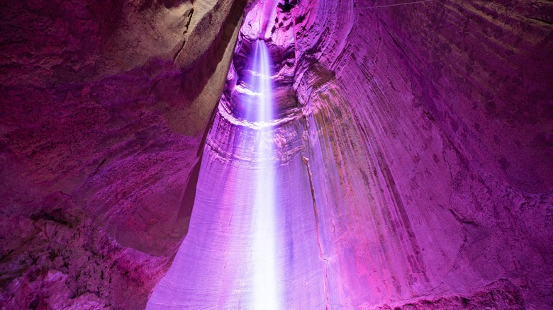 Ruby Falls and illuminated walls of the underground cavern