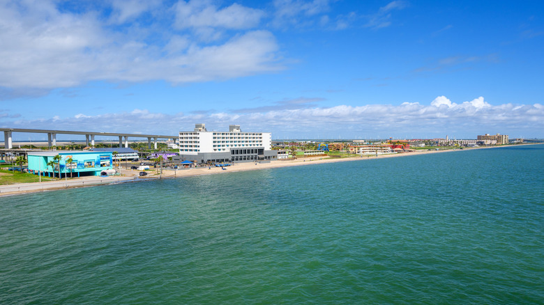 The coast of North Beach in Corpus Christi, Texas seen from the water