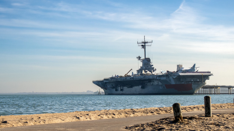 The USS Lexington seen from North Beach shore in Corpus Christi, Texas
