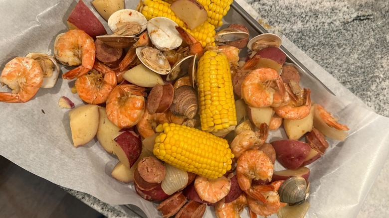A take-home coastal boil with shrimp and clams courtesy of the Cape Fear Boil Company in Carolina Beach, NC
