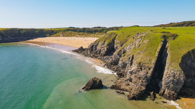 Aerial view of Barafundle Bay in Pembrokeshire, Wales