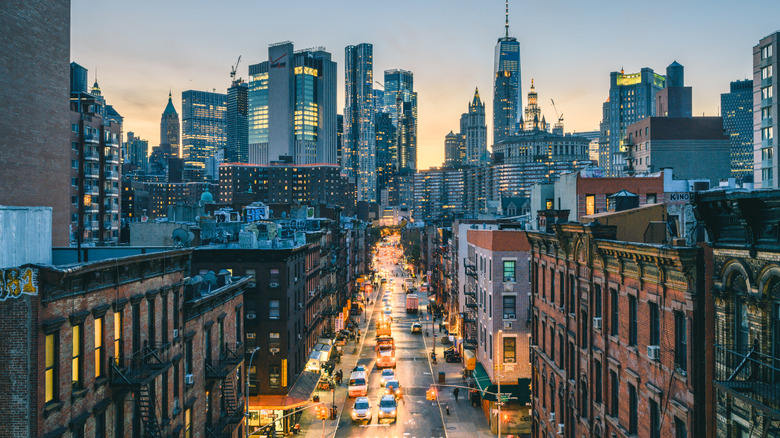 Evening view of Midtown Manhattan street and skyline