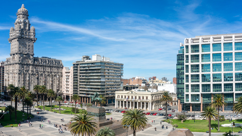 A lively plaza in Montevideo, Uruguay on a sunny day