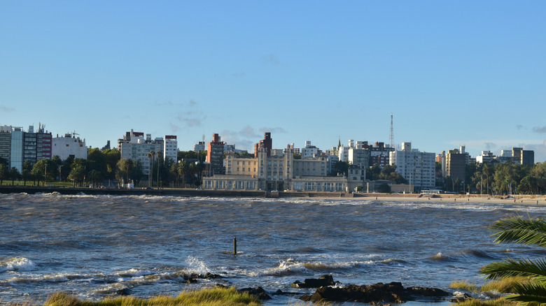 The skyline and Rambla of Montevideo seen from the water