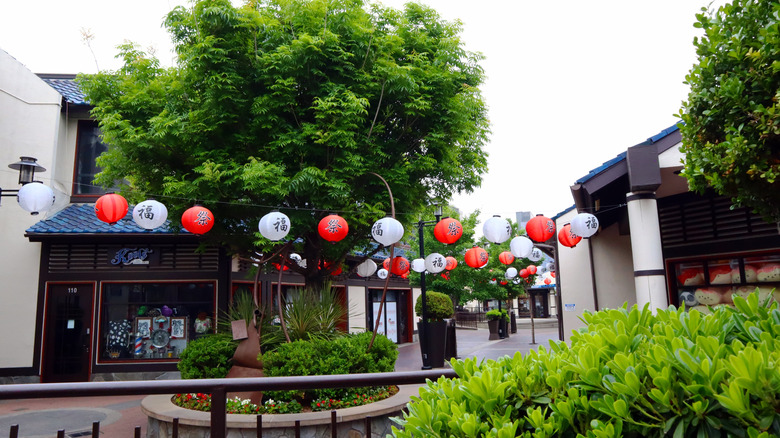 Paper lanterns decorating Japanese Village Plaza in Downtown LA