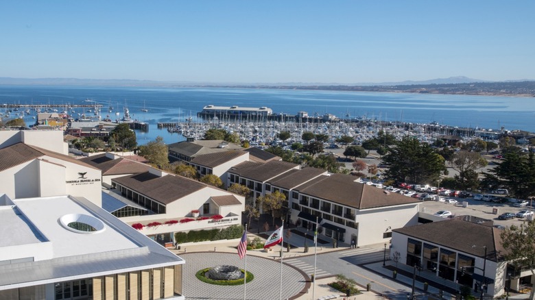 Aerial view of Portola Hotel & Spa at Monterey Bay with the harbor in the background