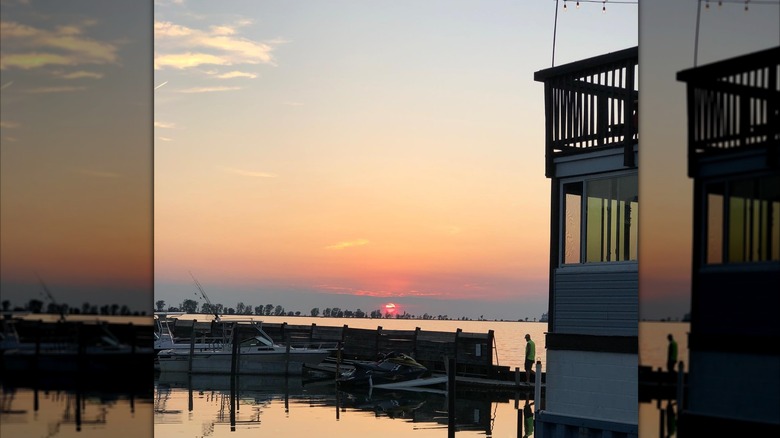 View of the sunset over Lake Erie from Sunset Harbor Bar & Grille