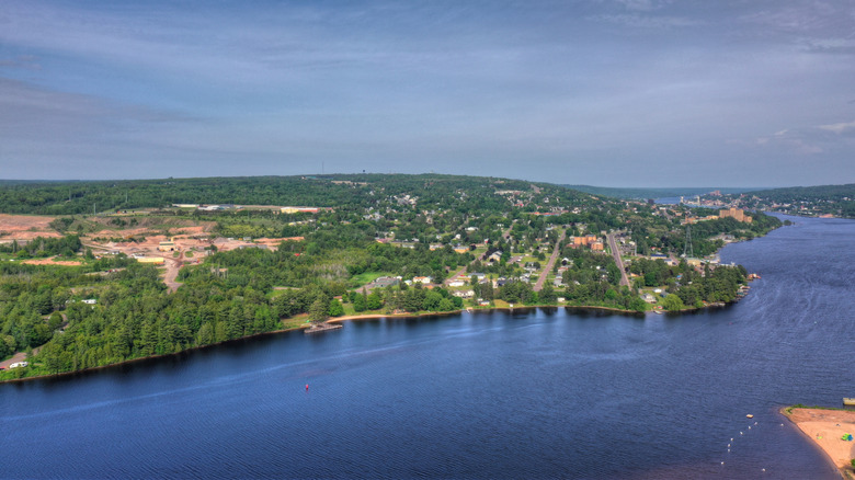 Aerial shot of Houghton and Hancock, Michigan, separated by the Portage Canal