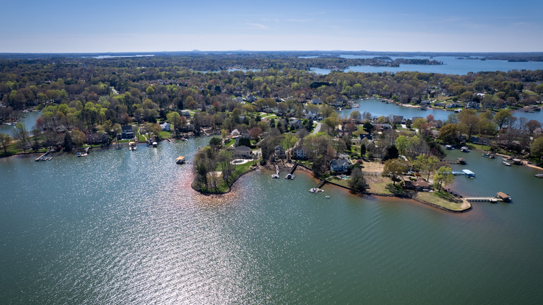 Residential area of Lake Norman from sky over Davidson, North Carolina