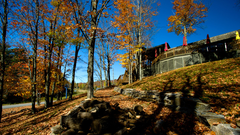 A mountain lodge in fall