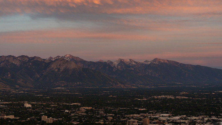 Sunset view of Salt Lake City and the Wasatch Mountains from Ensign Peak