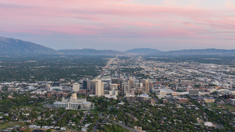 Sunset view of Downtown Salt Lake City from Ensign Peak