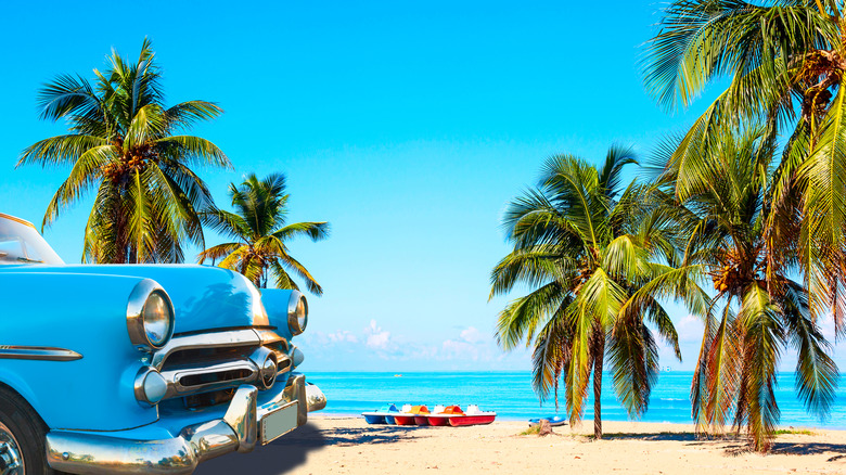 Classic car in front of the beach at Varadero, Cuba