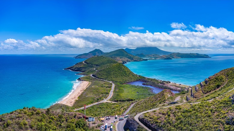 Arial view of St. Kitts' hills and surrounding ocean