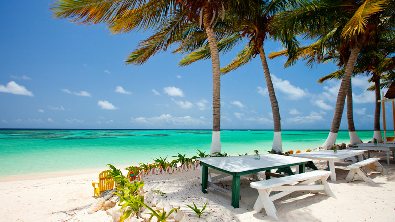 View of picnic tables set up on the beach in Anegada