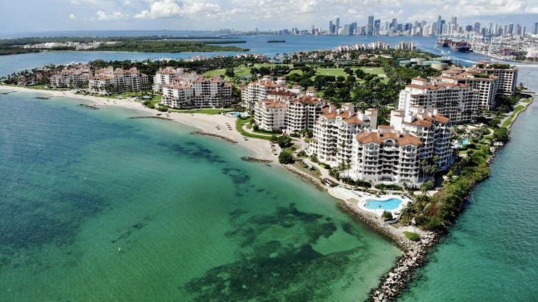 Luxury high-rise buildings on Fisher Island, Florida