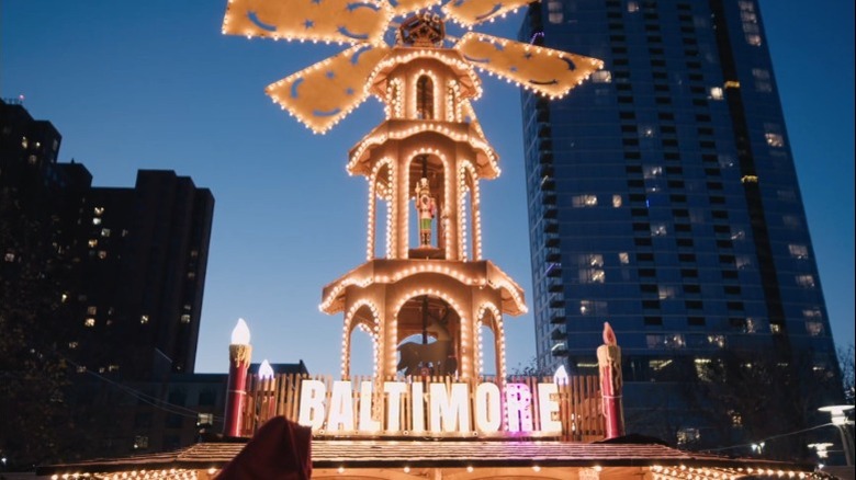 The 30 foot tall Gluhwein Pyramid covered in Christmas lights