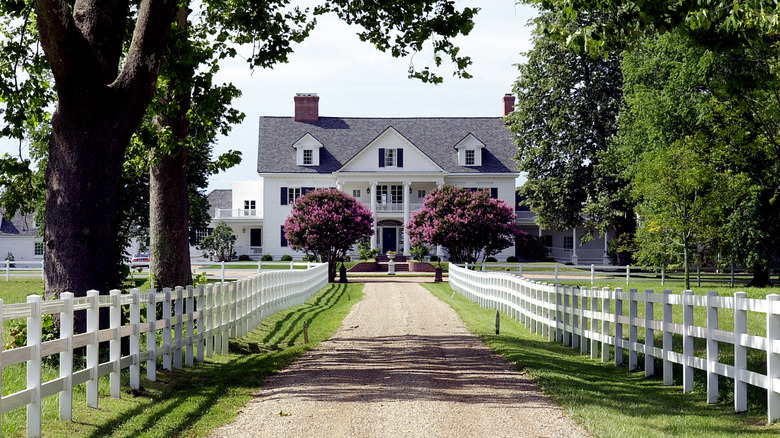 Gravel entryway to the Inn at Warner Hall surrounded by trees and a fence.