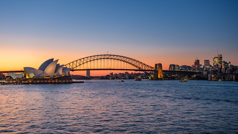 The Sydney Harbour Bridge and Opera House at sunset