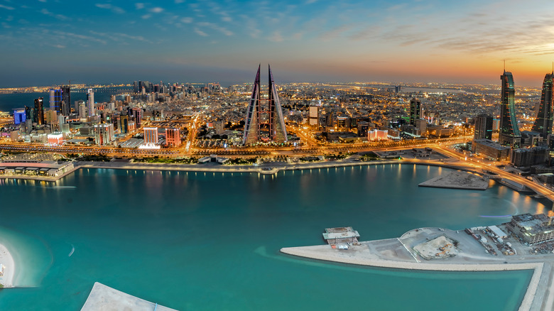 Aerial view of Bahrain Bay at dusk